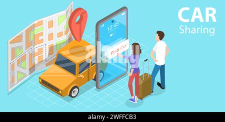 3D Isometric Flat Vector Concept of Car Sharing Service App, Shared Mobility, Vehicle Reting Model for Short Periods of Time. Stock Vector