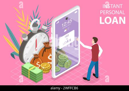 3D Isometric Flat Vector Concept of Instant Personal Loan, Quick and Easy Cash, Finance Services. Stock Vector