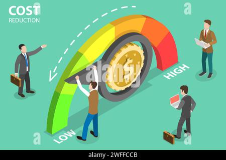 3D Isometric Flat Vector Concept of Cost Reduction, Dollar Rate Decrease, Price Minimising, Falling Rate of Profit. Stock Vector