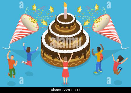3D Isometric Flat Vector Conceptual Illustration of Happy Anniversary, Celebrating Birthday Party. Stock Vector