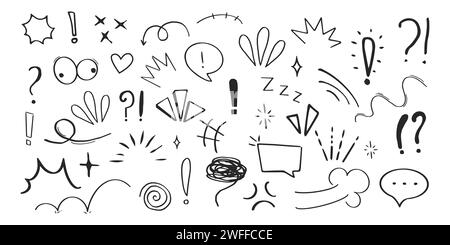 Set anime emotion effect attention elements, expressions speech bubble in comic doodle style isolated on white background. Vector illustration Stock Vector