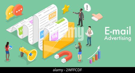 3D Isometric Flat Vector Conceptual Illustration of Mobile Email Marketing and Advertising Campaign, Newsletter and Subscription, Digital Promotion, S Stock Vector