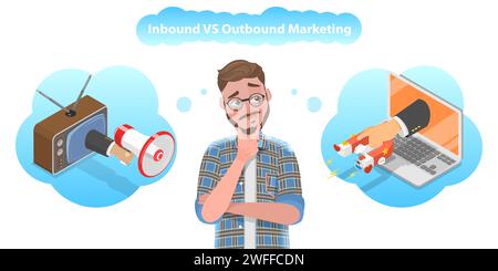 3D Isometric Flat Vector Conceptual Illustration of Inbound vs Outbound Marketing, Online vs Offline Advertising. Stock Vector
