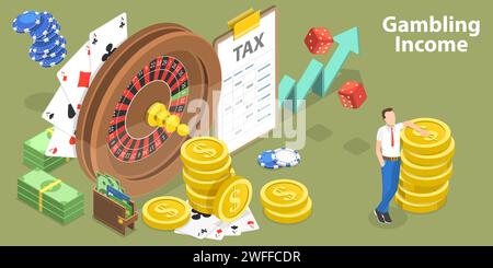 3D Isometric Flat Vector Conceptual Illustration of Gambling Legal Income, Earnings Tax Rules On Online Gambling Wins. Stock Vector