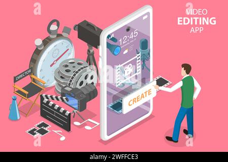 3D Isometric Flat Vector Concept of Mobile Video Editing App, Motion Design Studio Software, Multimedia Production, Video Blogging. Stock Vector