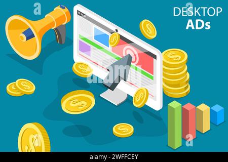 3D Isometric Flat Vector Conceptual Illustration of Desktop ADs, PPC Campaign, Pay Per Click. Stock Vector