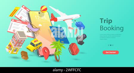 3D Isometric Flat Vector Landing Page Template of Mobile Trip Booking Service App, Holiday Travel Hotel and Flight Tickets Reservation. Stock Vector
