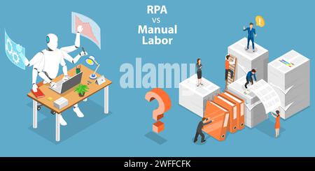 3D Isometric Flat Vector Conceptual Illustration of RPA vs Manual Labor, Robotic Process Automation, RPA, AI - Artificial Intelligence Stock Vector