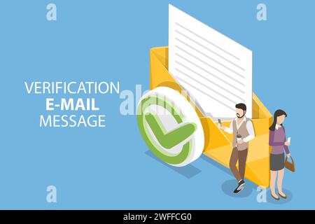3D Isometric Flat Vector Conceptual Illustration of Verification Email Message, Acceptance or Approval Letter. Stock Vector