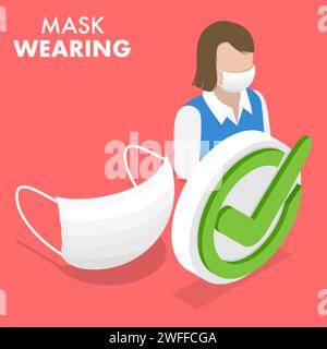 3D Isometric Flat Vector Conceptual Illustration of Face Mask Wearing, Preventing Transmission of Viruses and Bacteria. Stock Vector