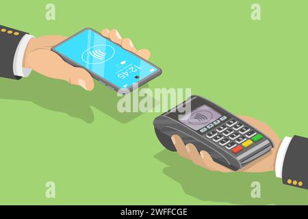3D Isometric Flat Vector Concept of Contactless Secure Payment Using Smartphone, NFC Technology. Stock Vector