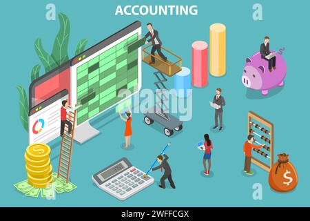 3D Isometric Flat Vector Conceptual Illustration of Financial Accounting, Bookkeeping Report Generating. Stock Vector