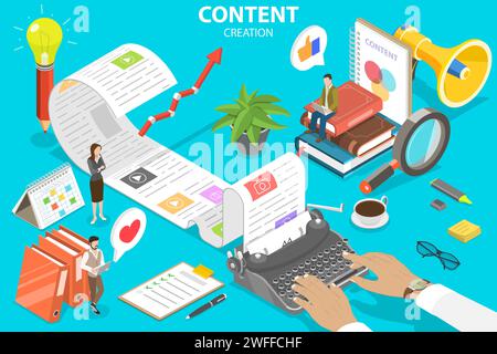 3D Isometric Flat Vector Conceptual Illustration of Engaging Content Creating, Blog Development. Stock Vector