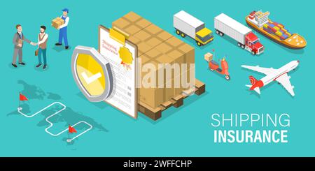 3D Isometric Flat Vector Conceptual Illustration of Shipping Insurance, Transportation Safety and Logistics. Stock Vector