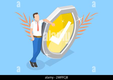 3D Isometric Flat Vector Illustration of Man with a Shield as Concept of Protection, Confidence and Obstacles Overcoming. Stock Vector