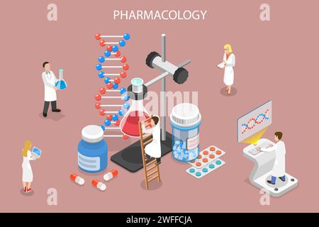 3D Isometric Flat Vector Conceptual Illustration of Pharmacology, Pharmaceutical Engineering and Drug Development. Stock Vector