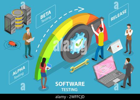 3D Isometric Flat Vector Conceptual Illustration of Software Development and Testing, Quality Assurance Stock Vector