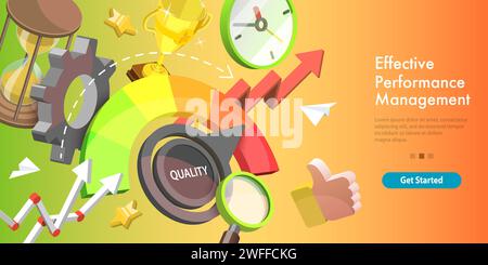3D Isometric Vector Conceptual Illustration of Efficient Performance Management System, Increasing Efficiency Level. Stock Vector