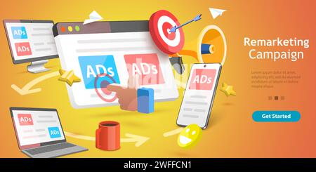 3D Isometric Flat Vector Conceptual Illustration of Marketing Retargeting, Behavioural Remarketing, Digital Promotion Campaign. Stock Vector