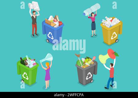3D Isometric Flat Vector Concept of Colored Waste Bins With Sorted Trash, People are Throwing Out Waste to Different Garbage Can Type: Organic, Plasti Stock Vector