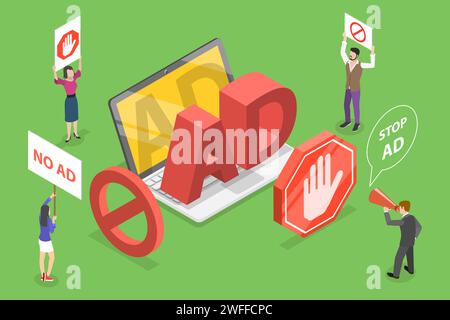 3D Isometric Flat Vector Conceptual Illustration of Ad Blocking, Anti Advertising Software for Web Browser and Mobile Application. Stock Vector
