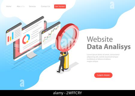 Flat isometric vector landing page template of website data analysis, web analytics, SEO audit report, marketing strategy. Stock Vector