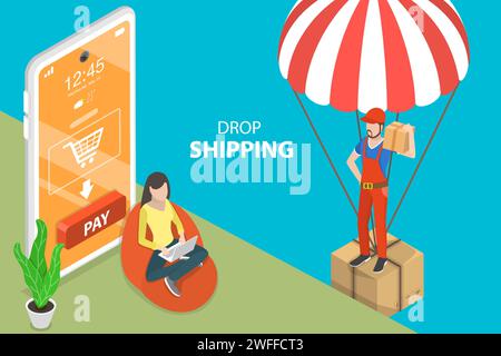 3D Isometric Flat Vector Conceptual Illustration of Dropshipping, Direct Delivery, Online Sales With Drop Shipping. Stock Vector