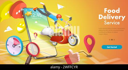 3D Isometric Flat Vector Conceptual Illustration of Restaurant and Cafe Online Food Ordering Mobile Service, Takeaway Food Online. Stock Vector