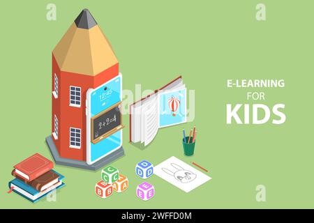 3D Isometric Flat Vector Concept of E-Learning for Kids, Online Kindergarten Classes, Distance Courses, Back to Digital School. Stock Vector