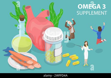 3D Isometric Flat Vector Conceptual Illustration of Omega 3 Supplement, Fish Oil Supply. Stock Vector