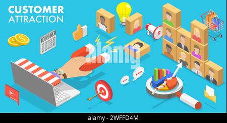 3D Isometric Flat Vector Conceptual Illustration of Customer Attraction, Client Retention Campaign, Digital Inbound Marketing. Stock Vector