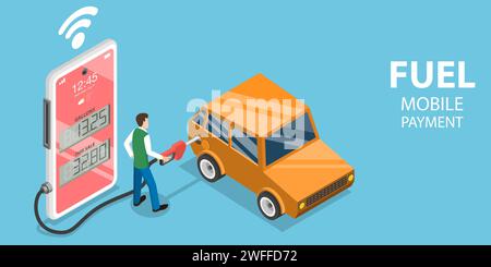 3D Isometric Flat Vector Conceptual Illustration of Fuel Mobile Payment, Petrol E-Pay App. Stock Vector