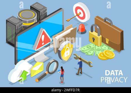 3D Isometric Flat Vector Conceptual Illustration of Data Protection Privacy, Internet Security. Stock Vector