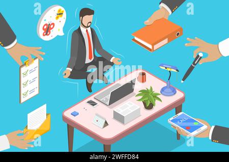 3D Isometric Flat Vector Conceptual Illustration of Relax and Work Balance, Office Worker Meditating and Doing Yoga, Calming Down the Stressful Emotio Stock Vector