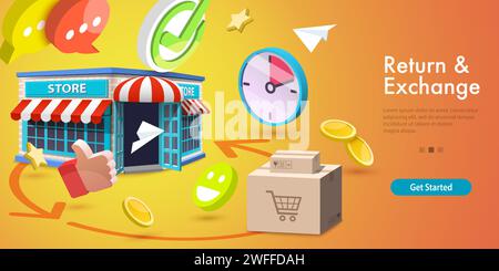 3D Vector Conceptual Illustration of Product Exchange and Return Policy, Purchase Refunding. Stock Vector