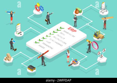 3D Isometric Flat Vector Conceptual Illustration of ERP - Enterprise Resource Planning, Business Automation and Innovation Stock Vector