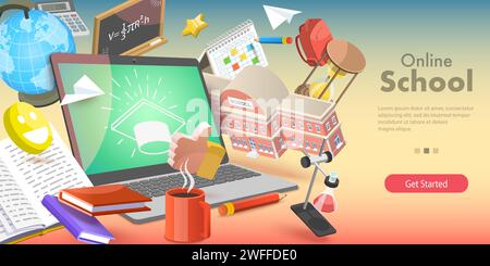 3D Isometric Flat Vector Conceptual Illustration of Online School, Distance Courses and E-learning, Back to Digital School. Stock Vector