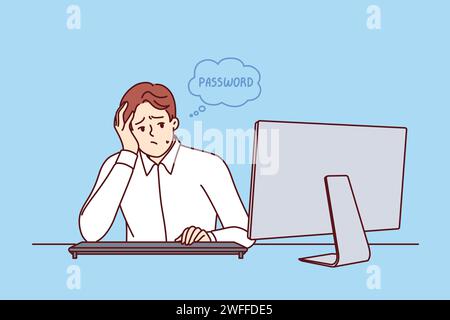Business man comes up with password that reliably protects personal data or corporate information from hacking, sits at table with computer. Office worker feels embarrassed because forgot password Stock Vector