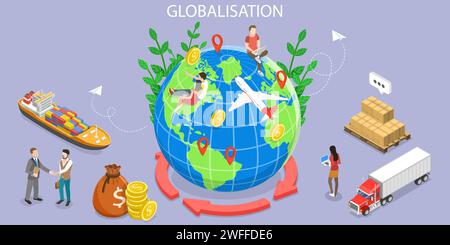 3D Isometric Flat Vector Conceptual Illustration of International Trade, Globalization and Economic Interdependence, International Business Network Re Stock Vector
