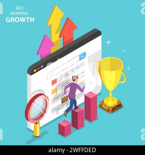 Flat isometric vector concept of seo ranking growth, web analytics, website optimization marketing. Stock Vector