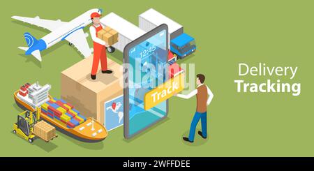 3D Isometric Flat Vector Conceptual Illustration of Mobile App for Delivery Tracking, Smart Logistics and Transportation. Stock Vector