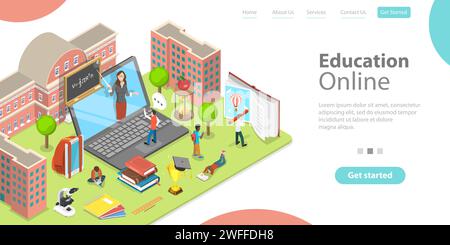3D Isometric Flat Vector Landing Page Template of Distant School Education, Online Classes and E-learning. Stock Vector