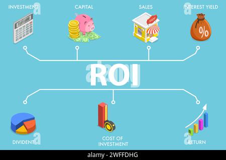 3D Isometric Flat Vector Conceptual Illustration of Return on Investment, ROI, Digital Marketing and Financial Analysis. Stock Vector