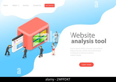 Flat isometric vector landing page template of website data analysis, web analytics, SEO audit report, marketing strategy. Stock Vector