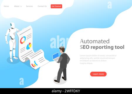 Flat isometric vector landing page template of automated SEO report, website performance, data analysis, web analytics, digital marketing strategy. Stock Vector