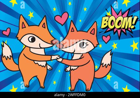 Cute couple fox love pop art style Stock Vector