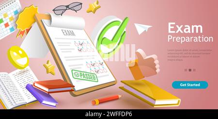 3D Conceptual Illustration of Exam Passed, Educational Testing Preparation. Stock Vector