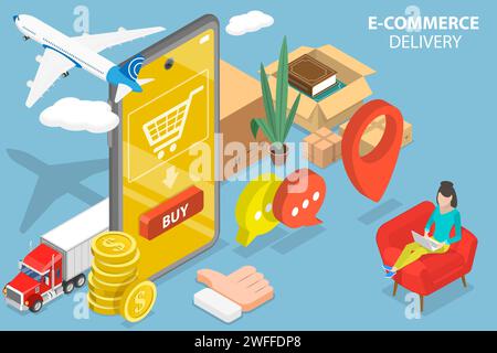 3D Isometric Flat Vector Conceptual Illustration of Ecommerce Delivery, Online Shopping. Stock Vector