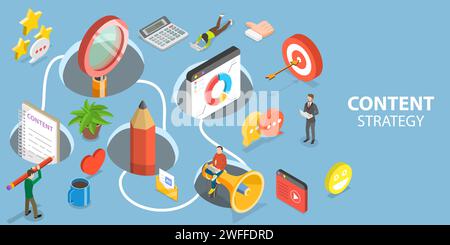 3D Isometric Flat Vector Conceptual Illustration of Digital Content Strategy, Social Media Campaign, Engaging Content Creation. Stock Vector