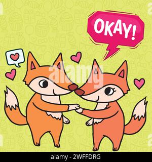 Cute couple fox love pop art style Stock Vector
